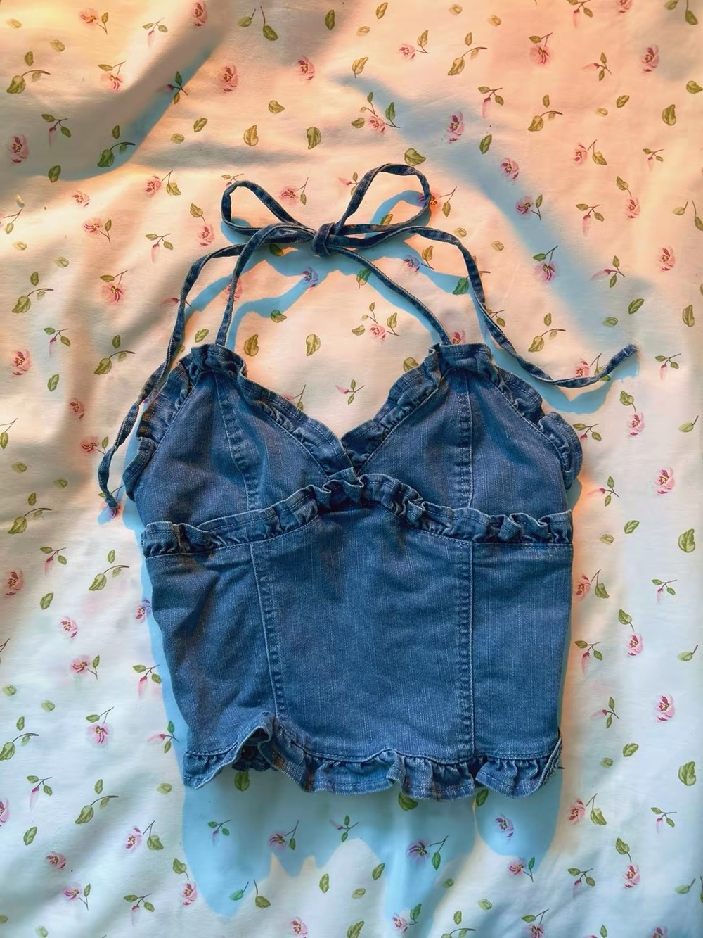SHEIN Y2K Denim Ruffle Halter Corset Top XS